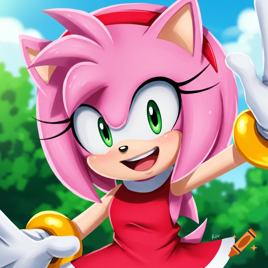 Close-up cartoon portrait of Amy Rose from Sonic the Hedgehog smiling ...
