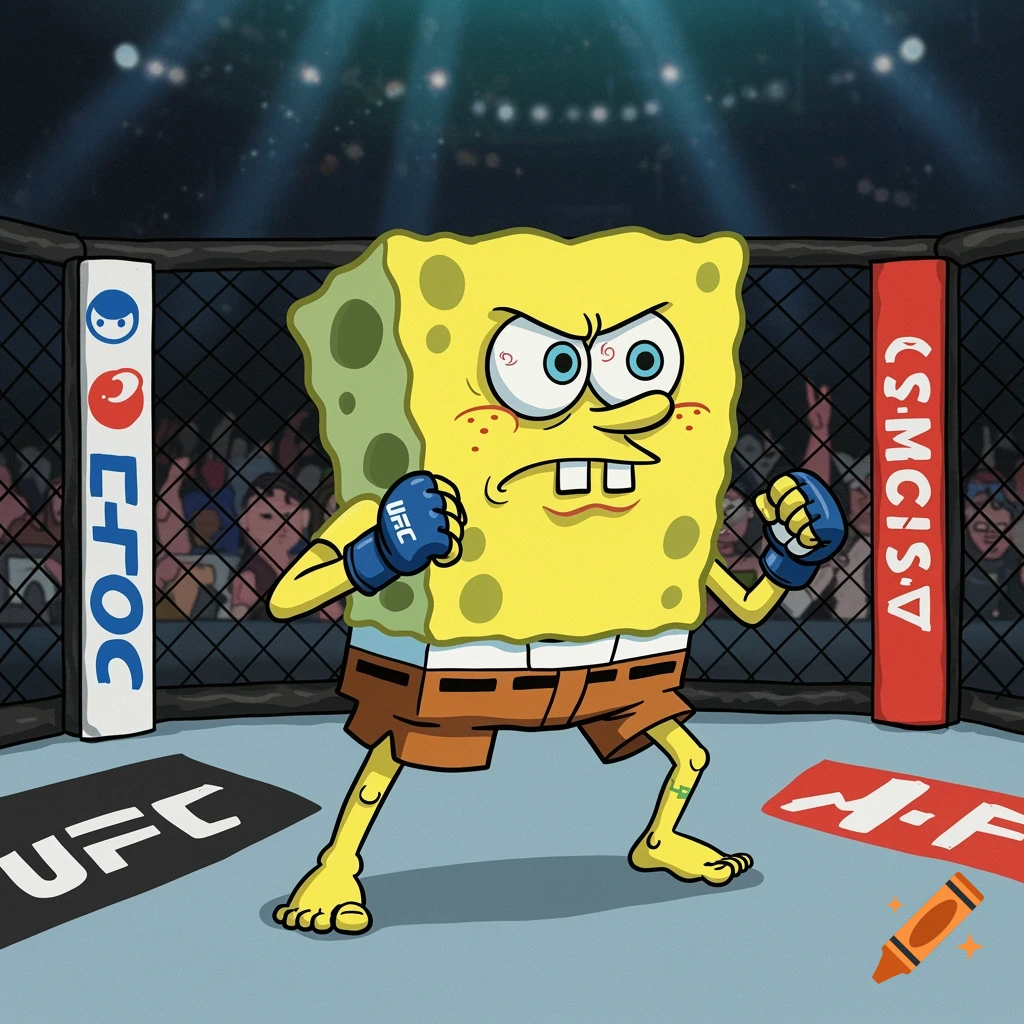 Spongebob Squarepants stands in an MMA ring, wearing shorts and gloves, ready to fight.
