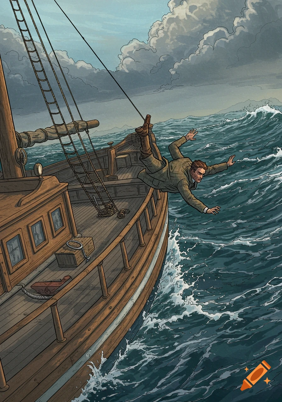 Man falls from a boat into stormy sea, illustration style.