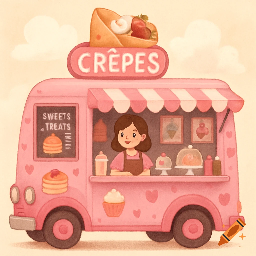 Cute pink food truck selling crepes, sweets, and treats, illustration style.