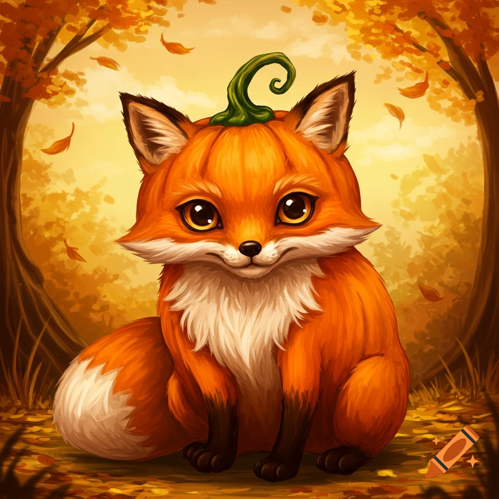 A cute cartoon fox with a pumpkin on its head sits in an autumn forest with falling leaves.