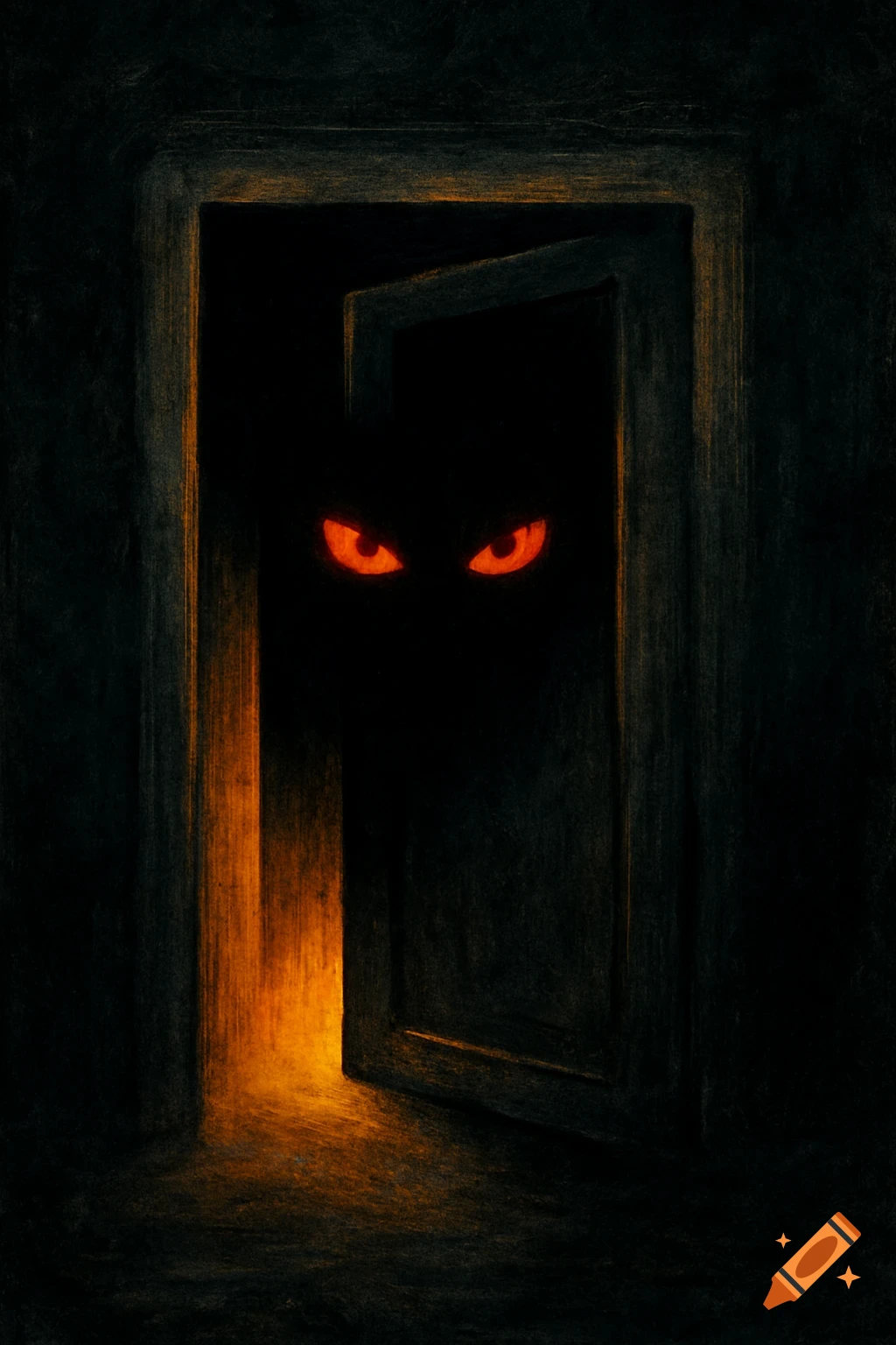 Glowing red eyes peer from the darkness of an open doorway, with light spilling onto the floor. Dark art style.