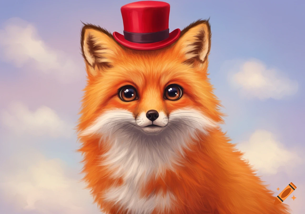 Close-up illustration of a cute fox wearing a red top hat against a cloudy sky.