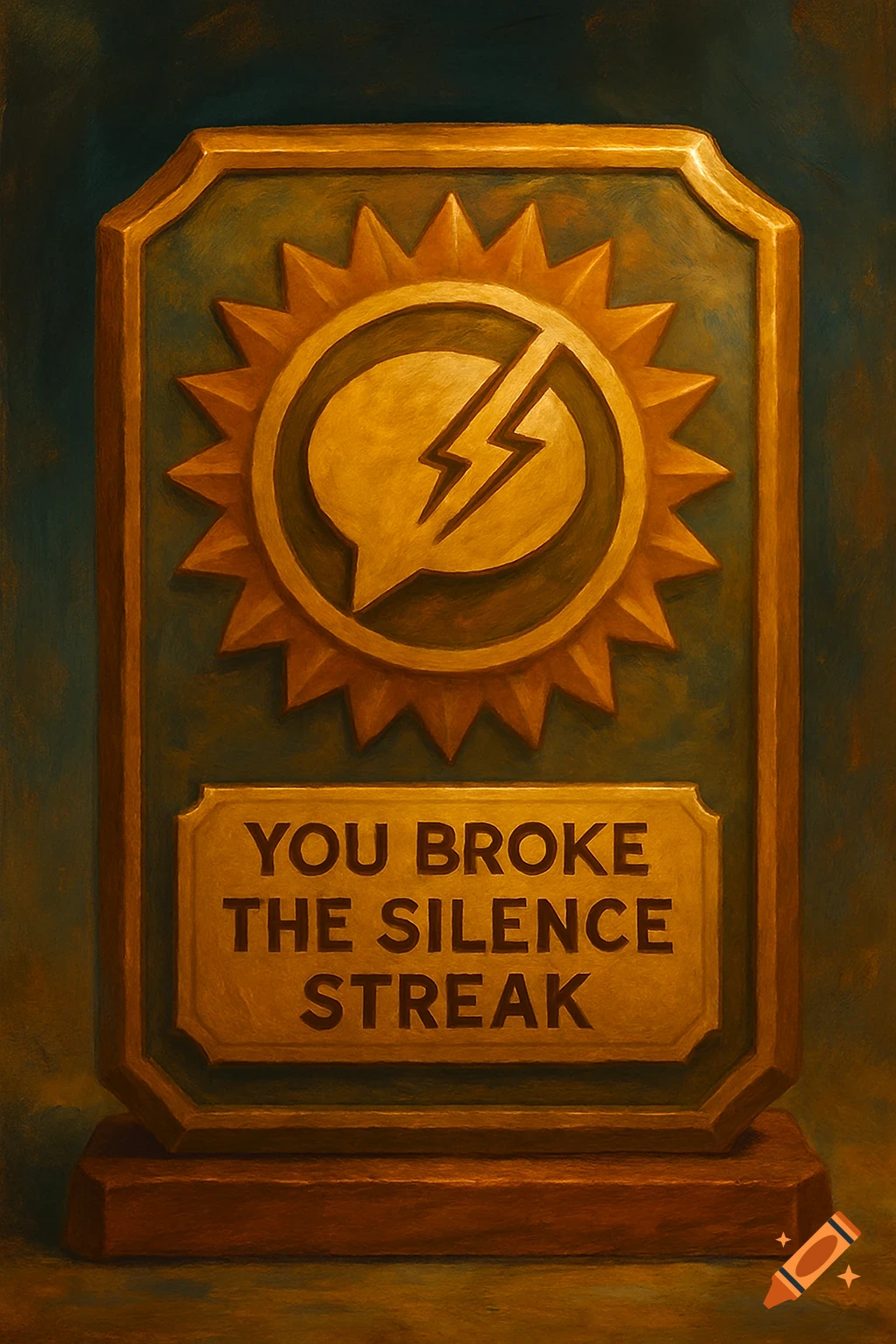 Golden award plaque with emblem and text "YOU BROKE THE SILENCE STREAK" in a painted style.