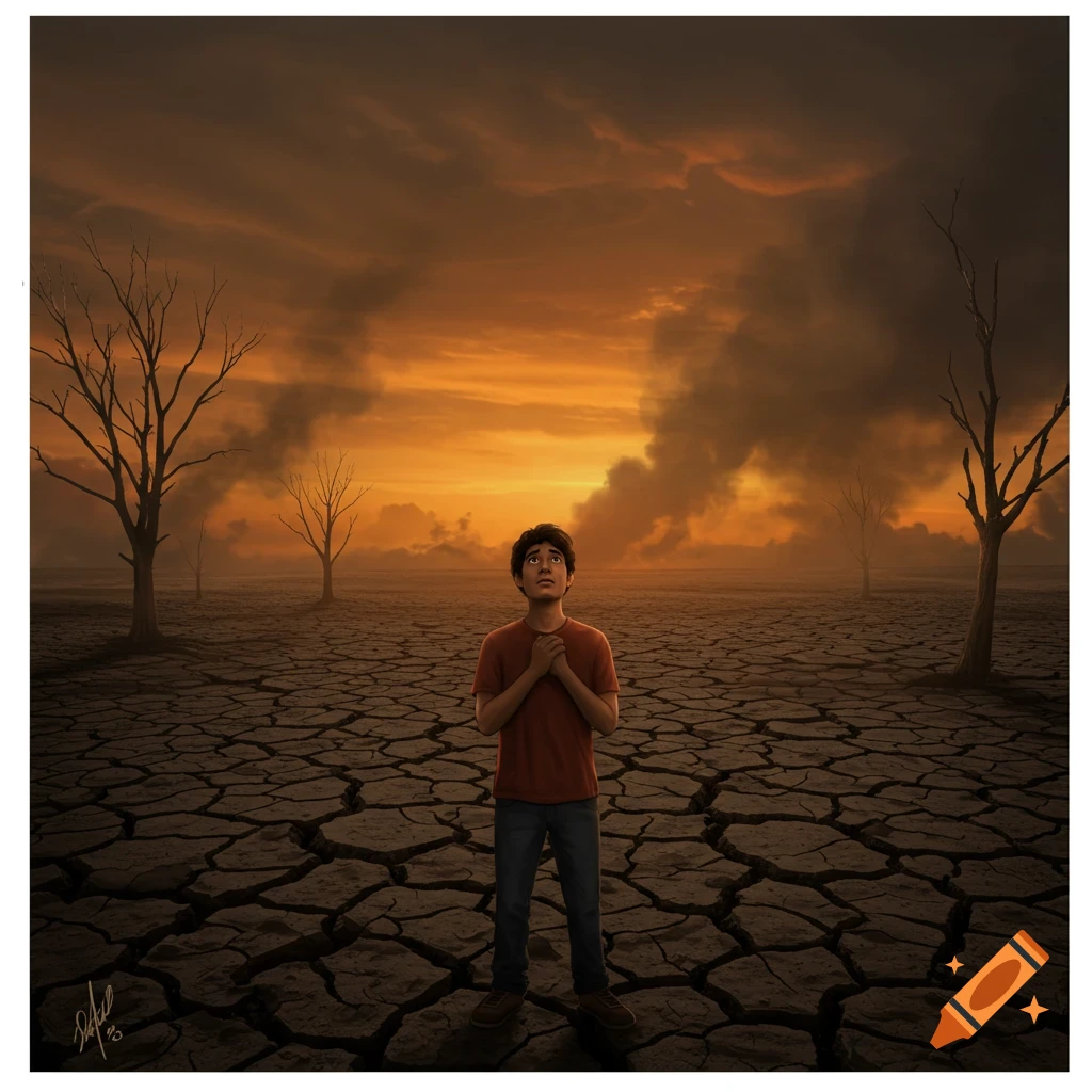 Young person looks up in a dry, cracked landscape under dark, stormy skies.