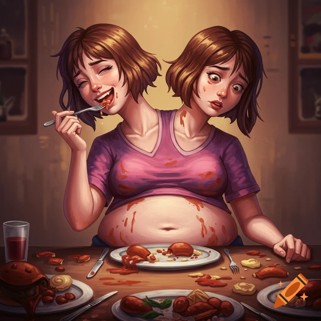 Surreal digital painting of a two-headed woman eating messily at a table.
