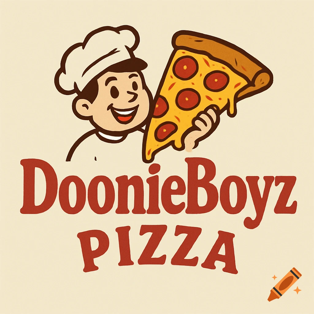 Cartoon logo of a smiling chef holding a slice of pepperoni pizza, with text 'DoonieBoyz PIZZA'.