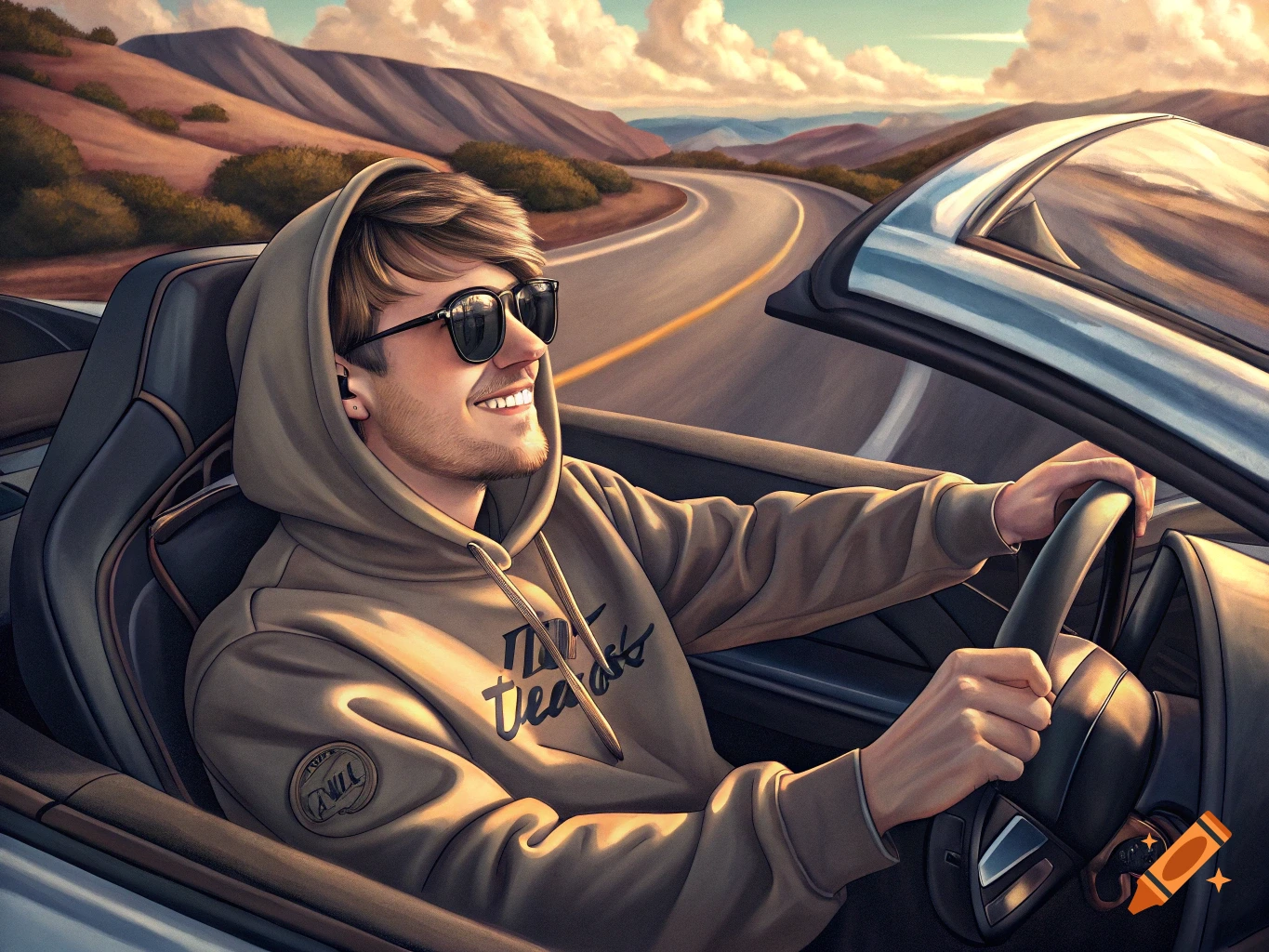 Man in a hoodie drives a convertible on a winding mountain road.