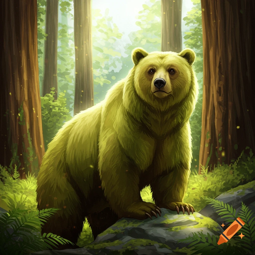 An olive-colored bear stands in a sunlit forest.
