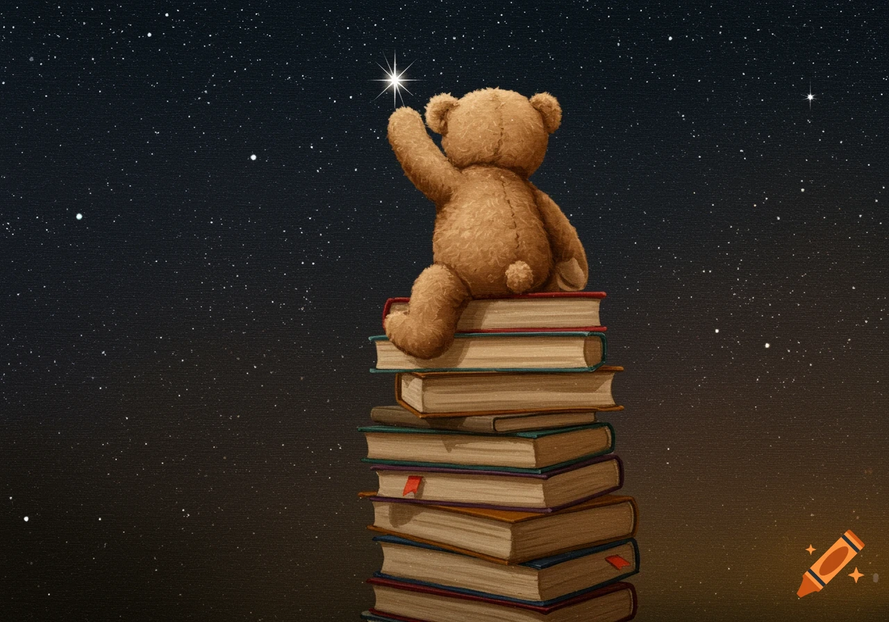 Teddy bear sits on stacked books reaching for a star in a starry night sky.