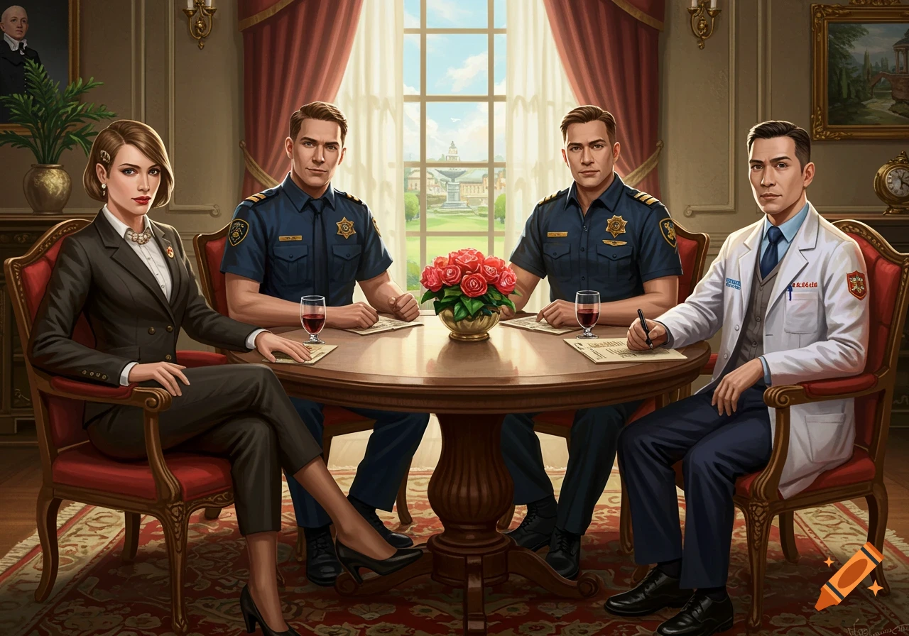 Four people in professional attire - a woman in a suit, two men in police uniforms, and a man in a lab coat - sit at a table.