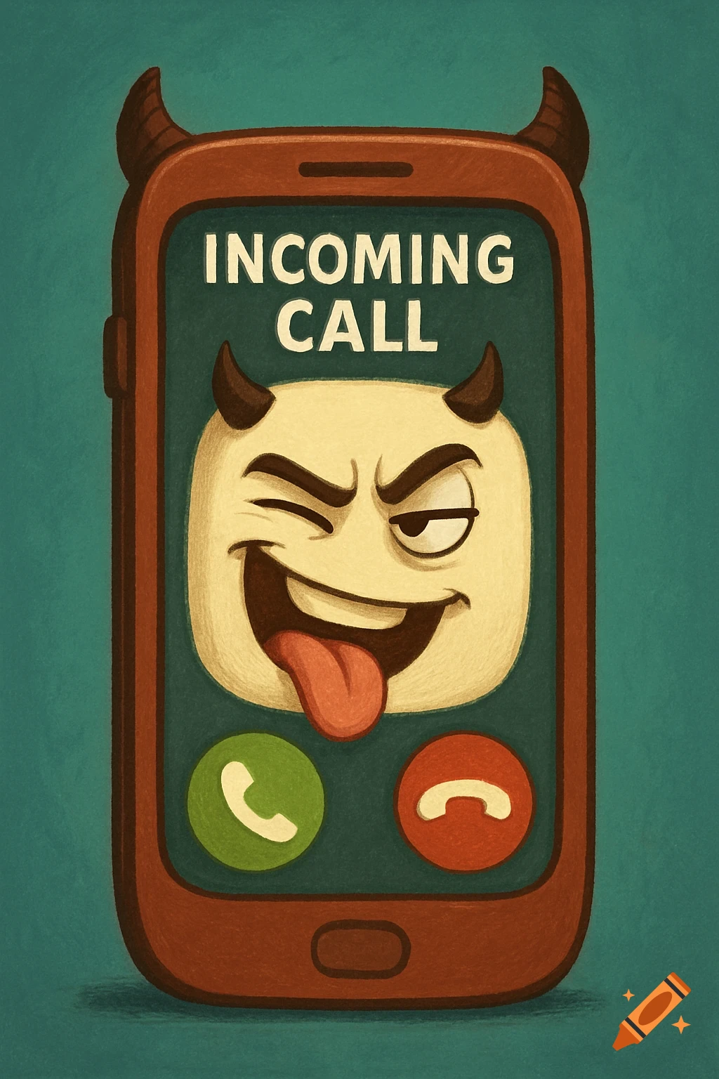 Illustration of a phone screen with a devil emoji and "INCOMING CALL" text.