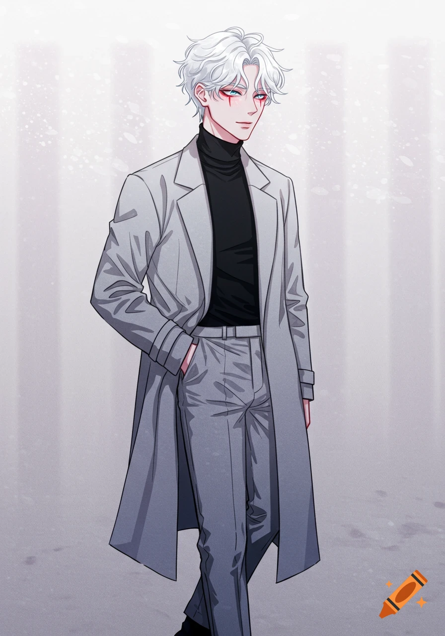 Anime man with white hair, red eye makeup, black turtleneck, and grey coat.