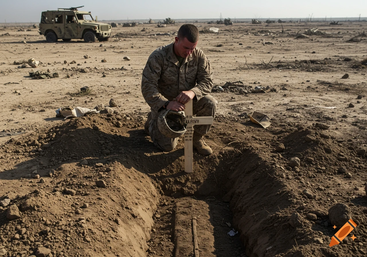 A soldier kneels before a cross marking a grave in a desert battlefield.