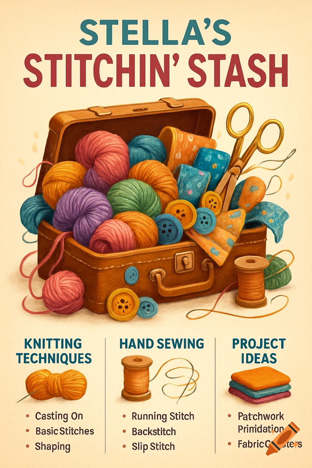An illustrated image of an open suitcase overflowing with colorful yarn, fabric, buttons, and scissors, with text headers and bullet points about knitting and sewing techniques.