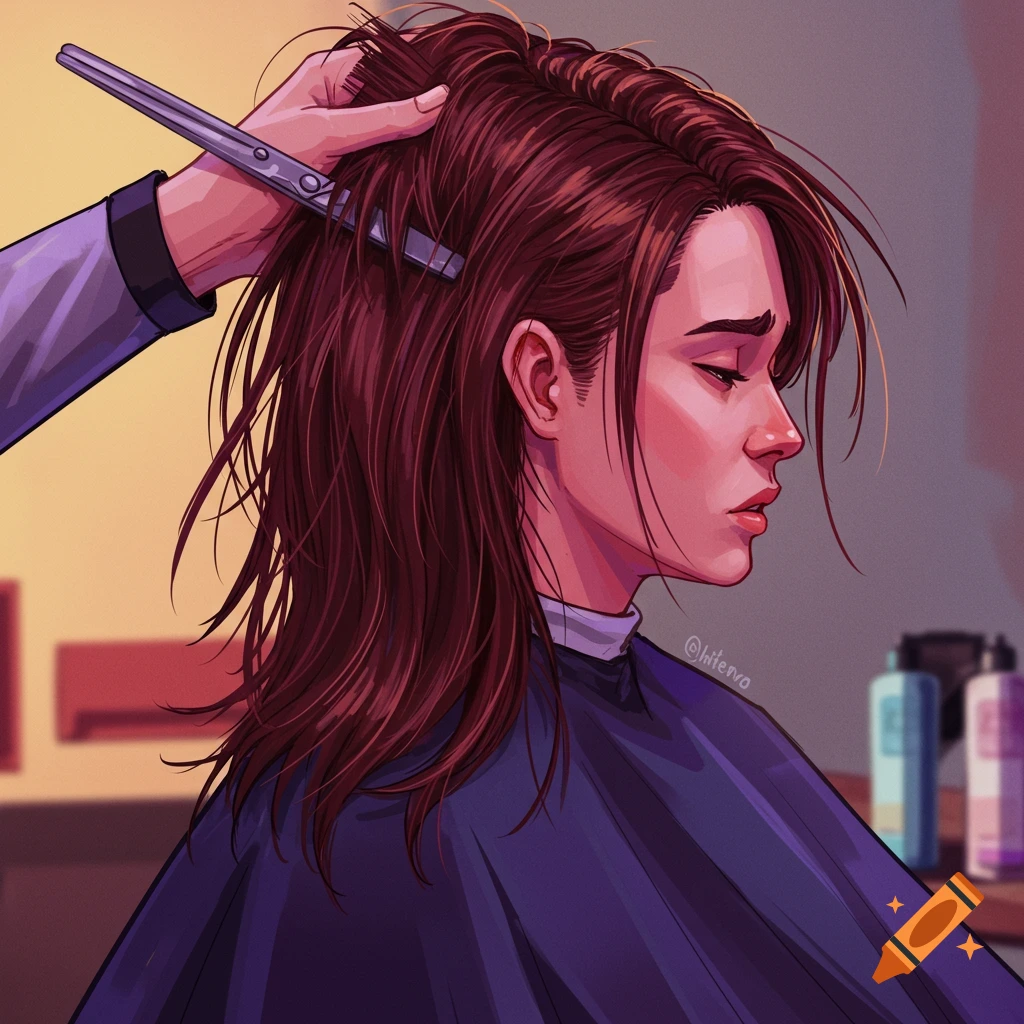 Illustration of a woman getting her long hair cut