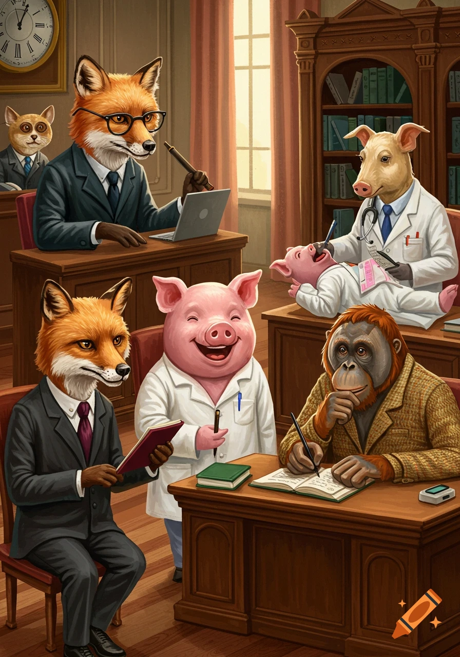 Anthropomorphic animals in a room, including foxes in suits, a pig doctor examining a small pig, and an orangutan writing at a desk.