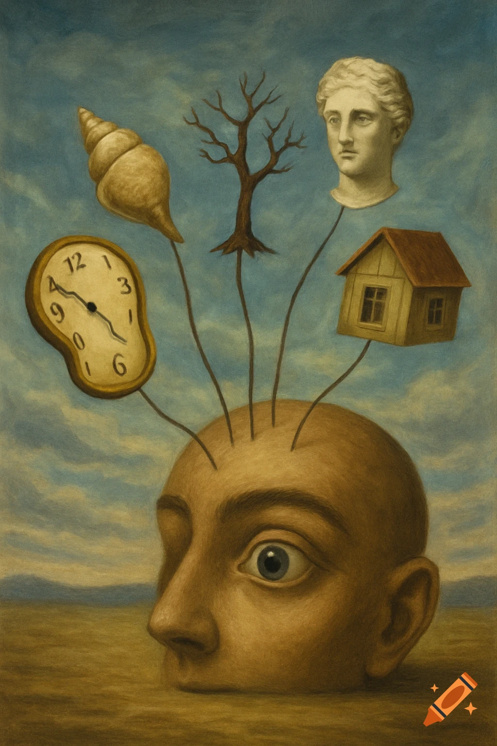 Surreal painting of a head emerging from ground with melting clock, shell, tree, bust, and house growing from it.