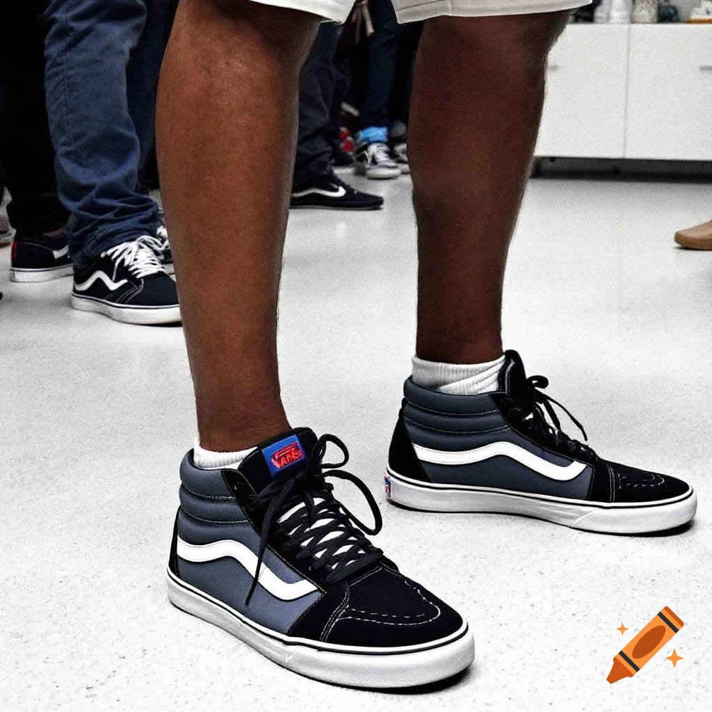 Close-up of legs wearing black and blue Vans high-top sneakers.
