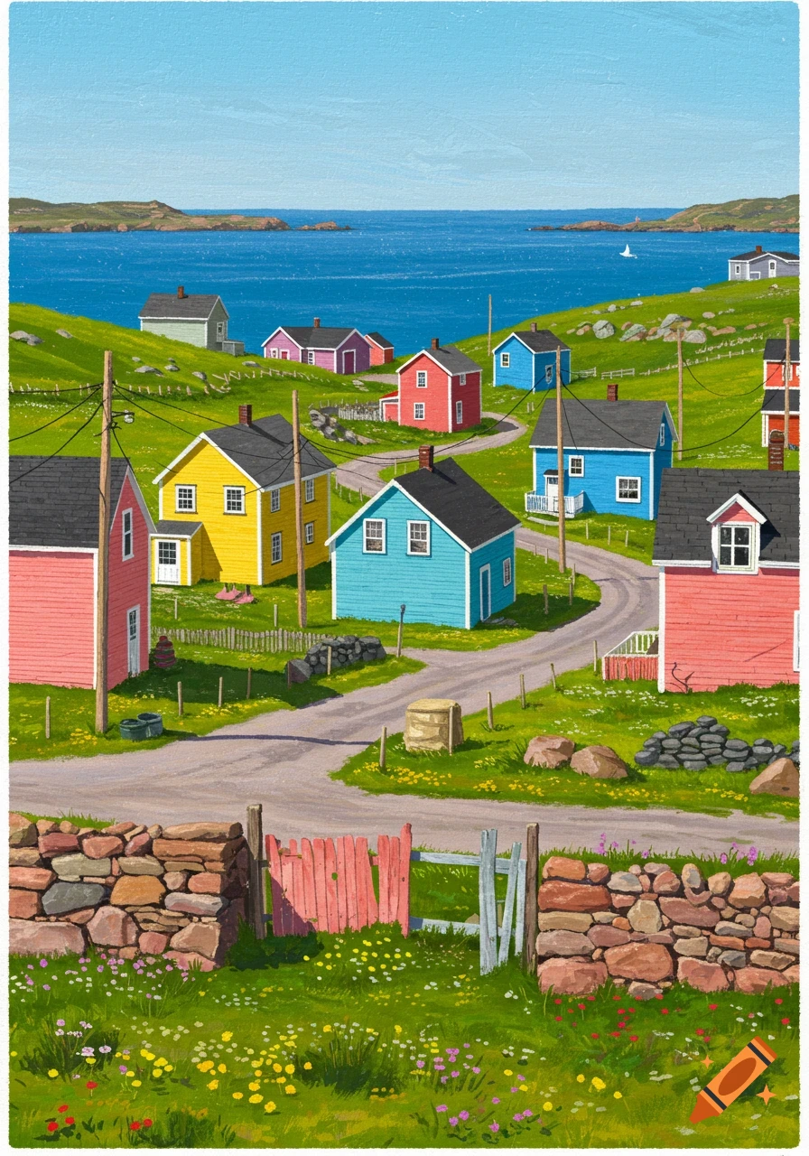 Colourful houses dot a green hillside overlooking the sea in a rural village scene, illustration style.