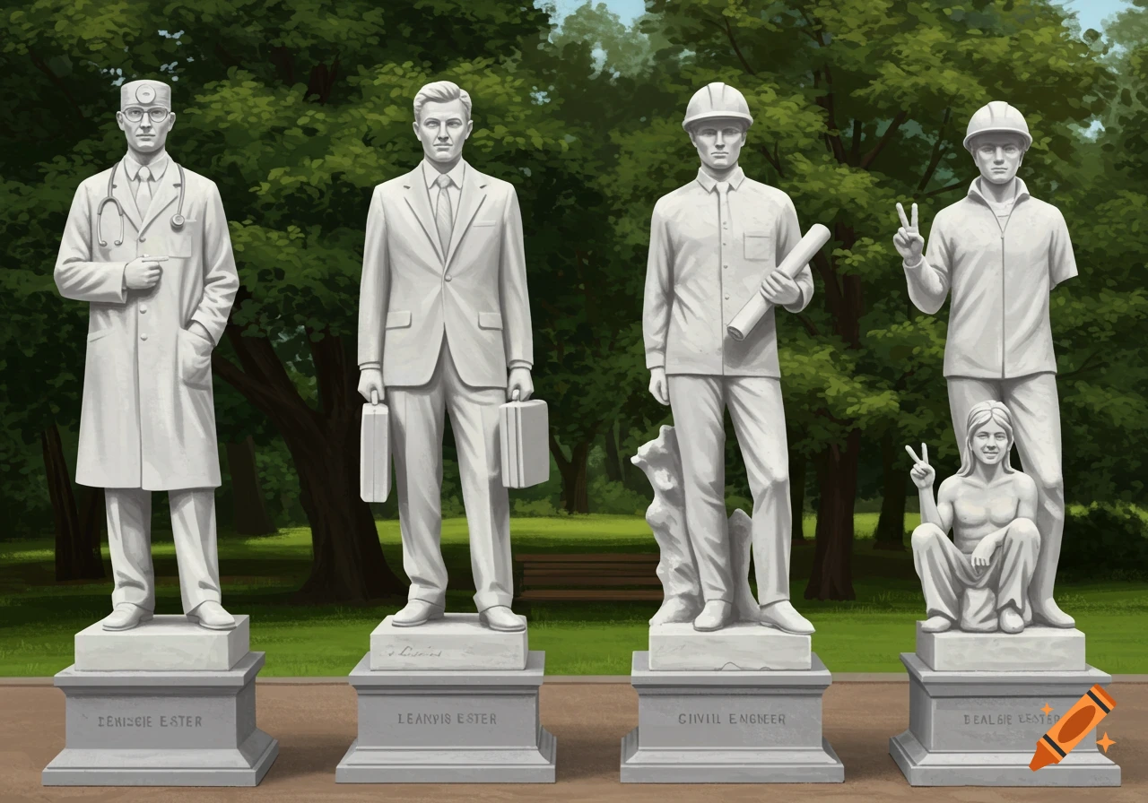 Illustration of marble statues of a doctor, lawyer, civil engineer, and seated figure in a park.