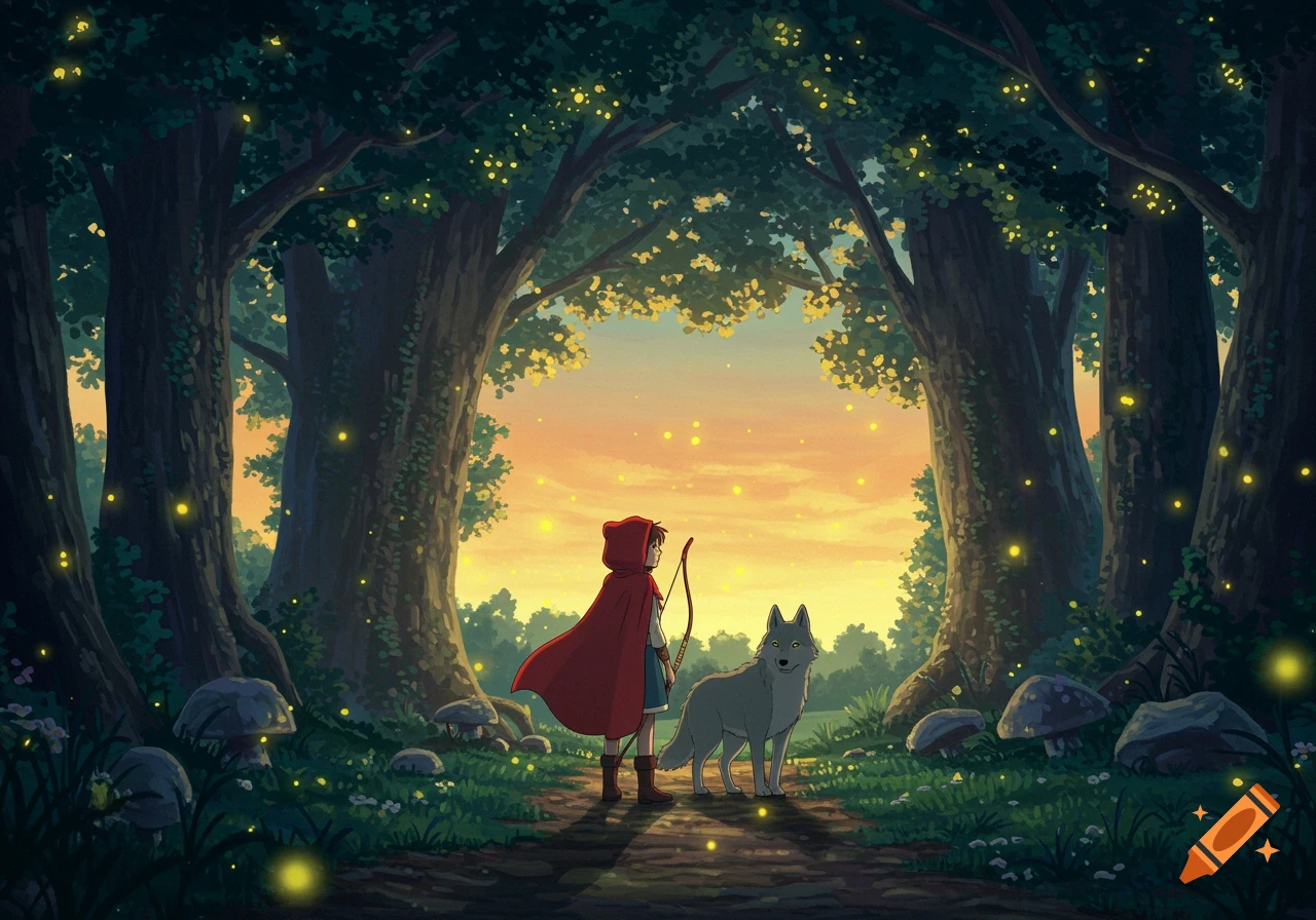 A girl in a red hooded cloak with a wolf stand in a magical forest at twilight, fireflies glowing around them, in Studio Ghibli style.