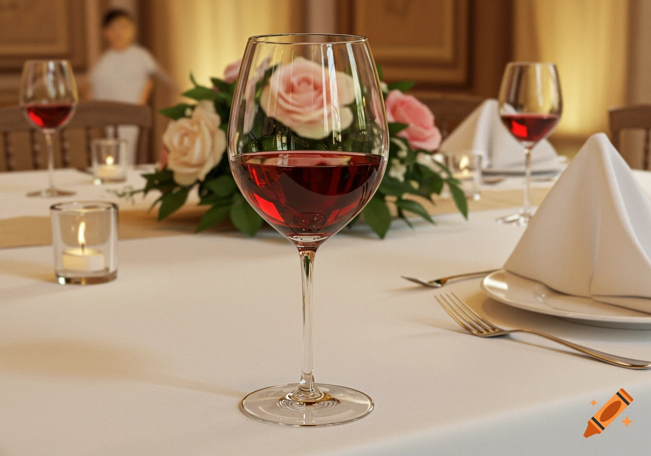 A close-up of a wine glass on a table at a wedding reception with flowers and candles.