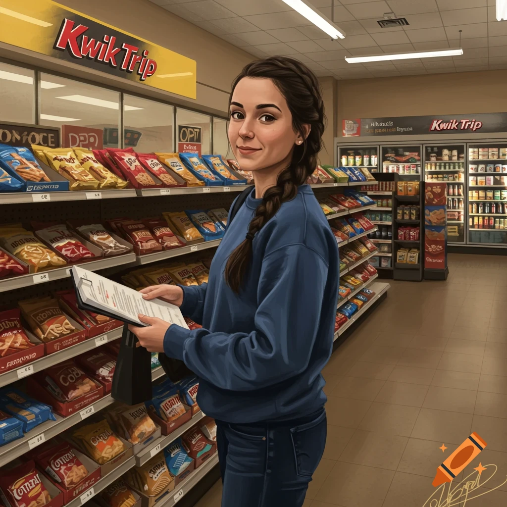 A woman holding a clipboard stands in a convenience store aisle looking at products. Realistic style.