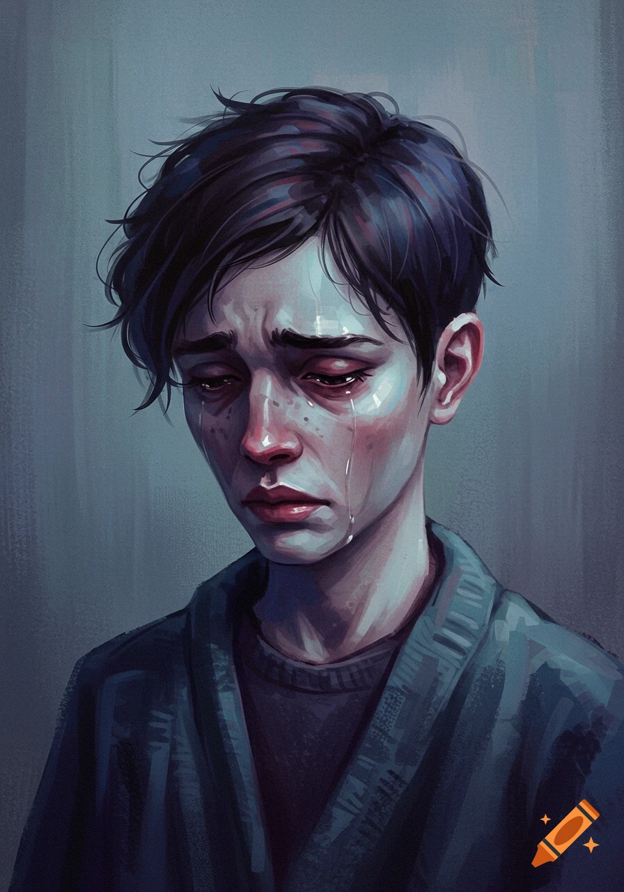 Digital painting of a young person crying with tear streaks on their face.