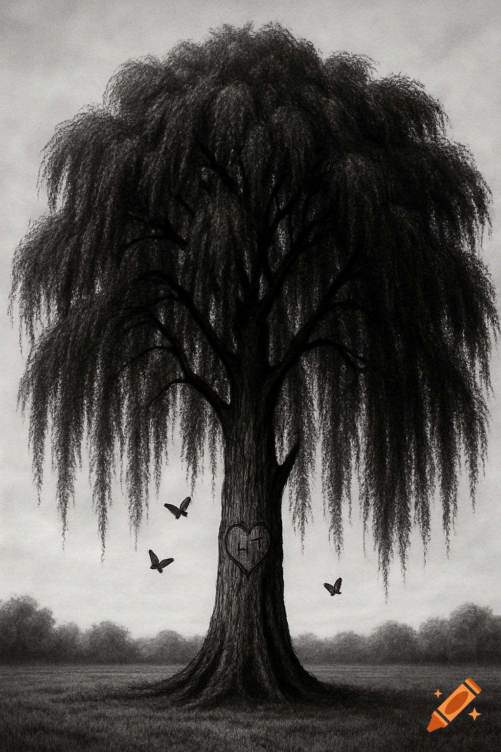 Black and white drawing of a weeping willow tree with a carved heart on the trunk and butterflies flying nearby.
