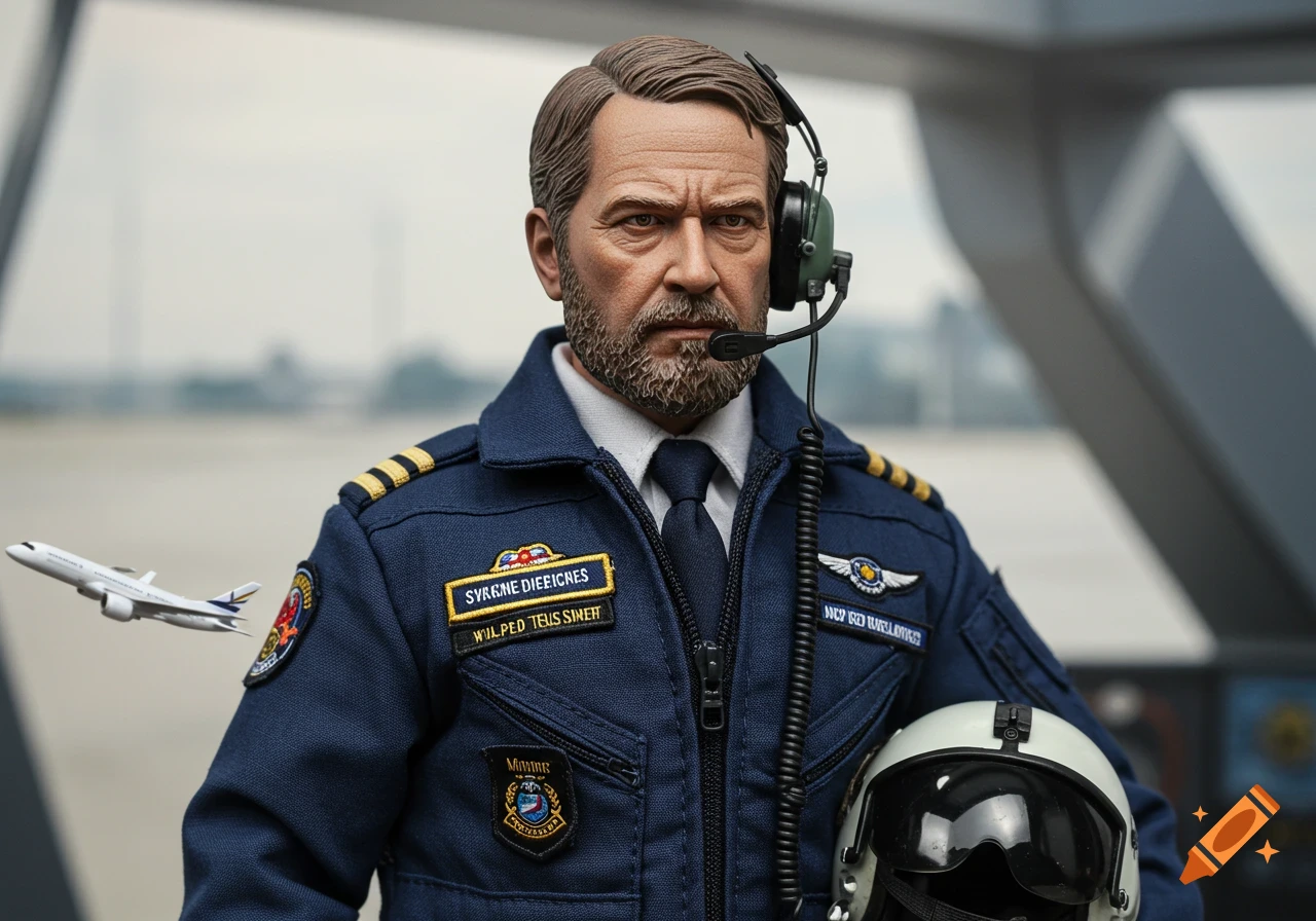 Closeup of an action figure depicting a male airline pilot in uniform with a headset.