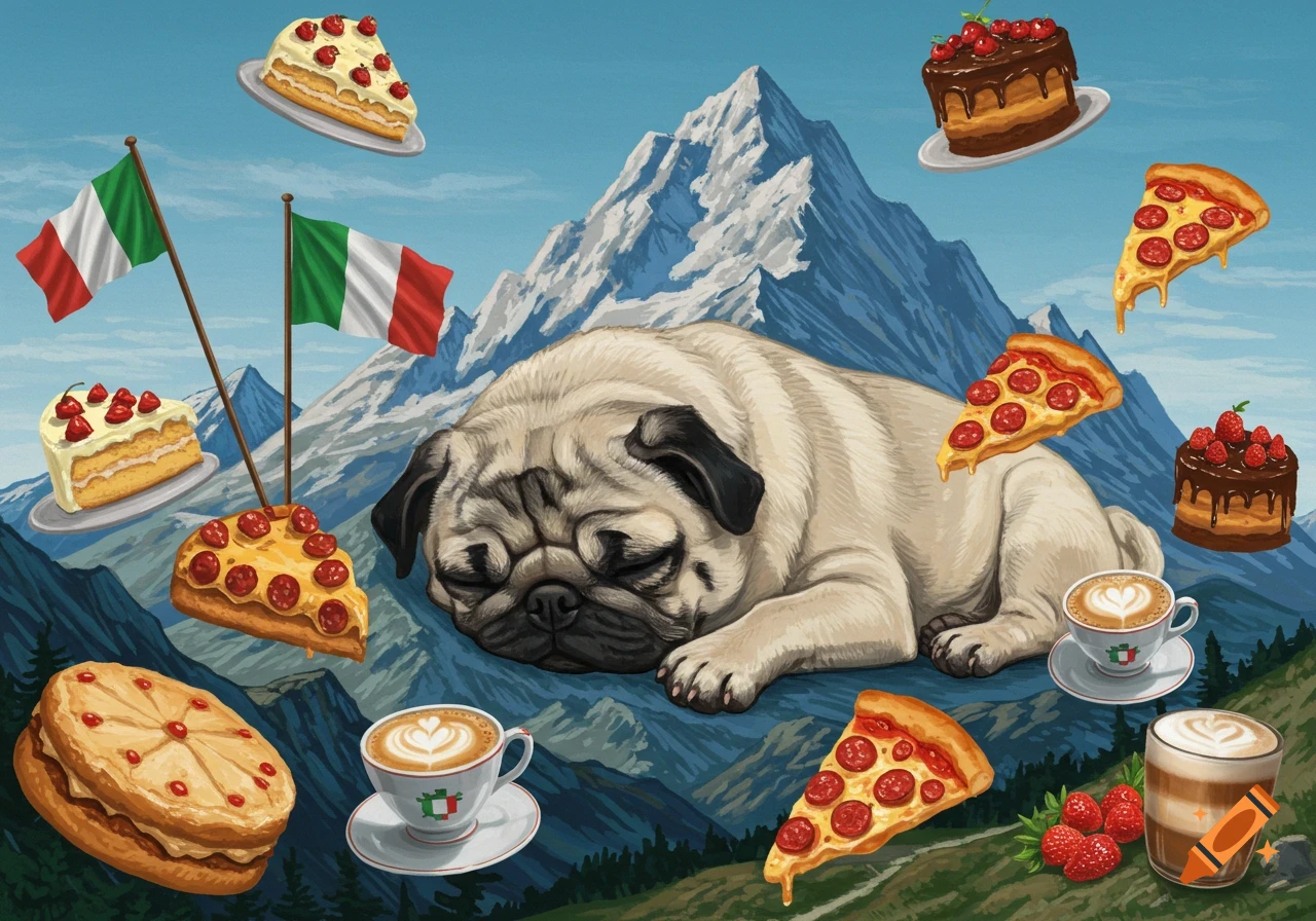 Sleeping pug rests before mountains with Italian flags, floating pizza, cake, and coffee.