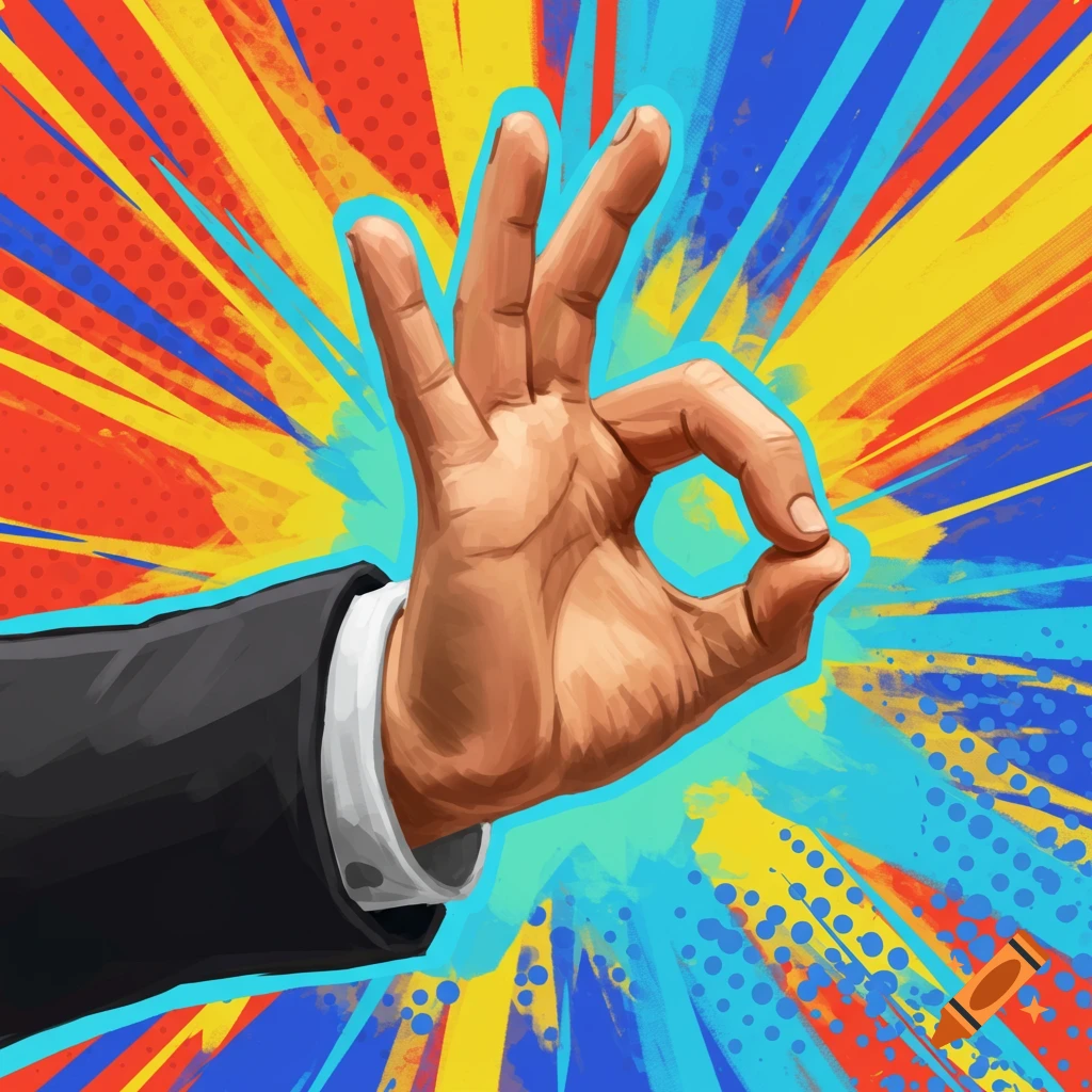 Hand making an okay sign against a colorful pop art background