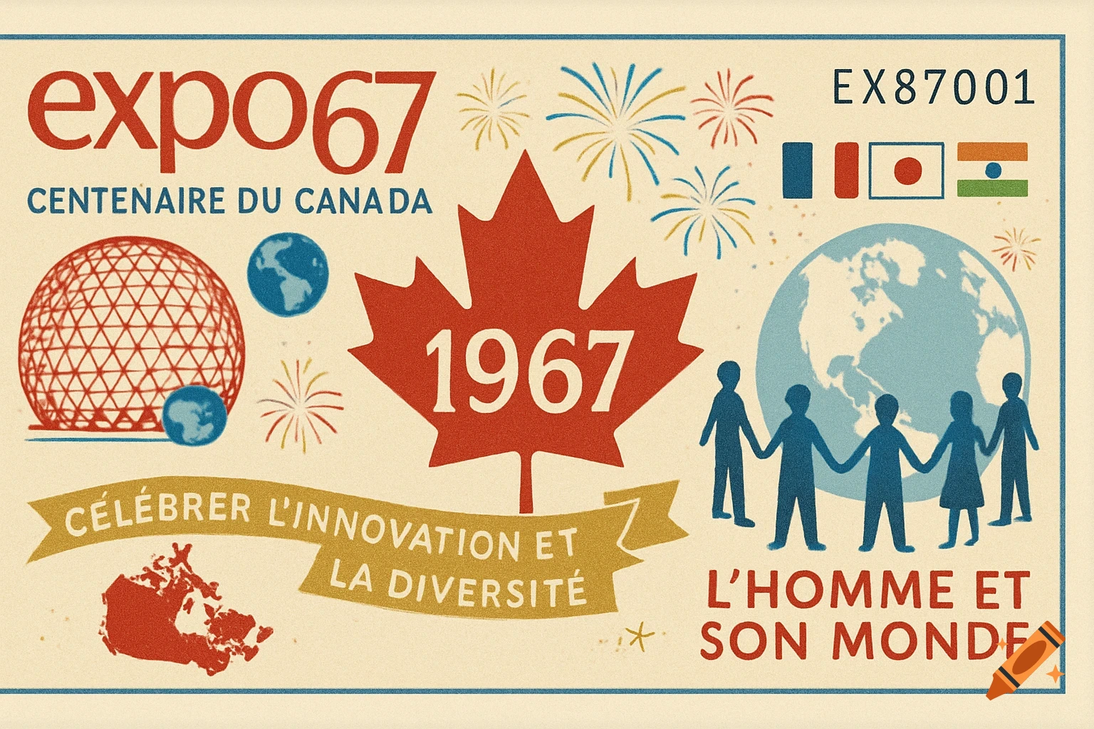 Expo 67 commemorative design with maple leaf, globe, figures, flags, and text in vintage illustration style.