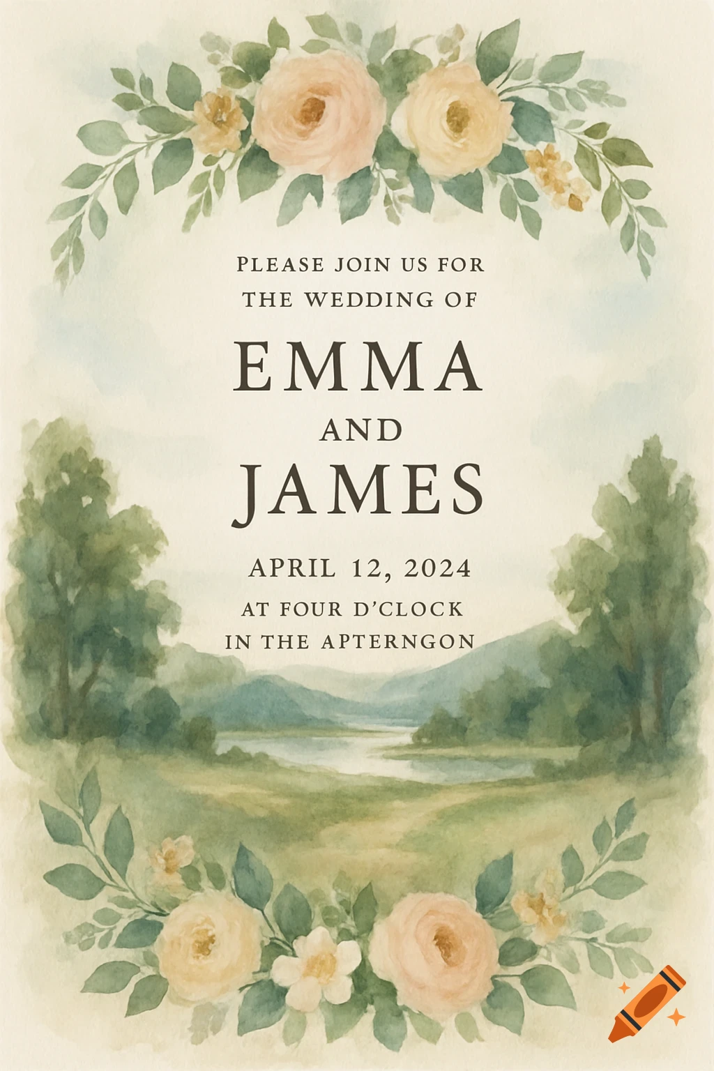 Watercolor wedding invitation with flowers, a landscape, and text.