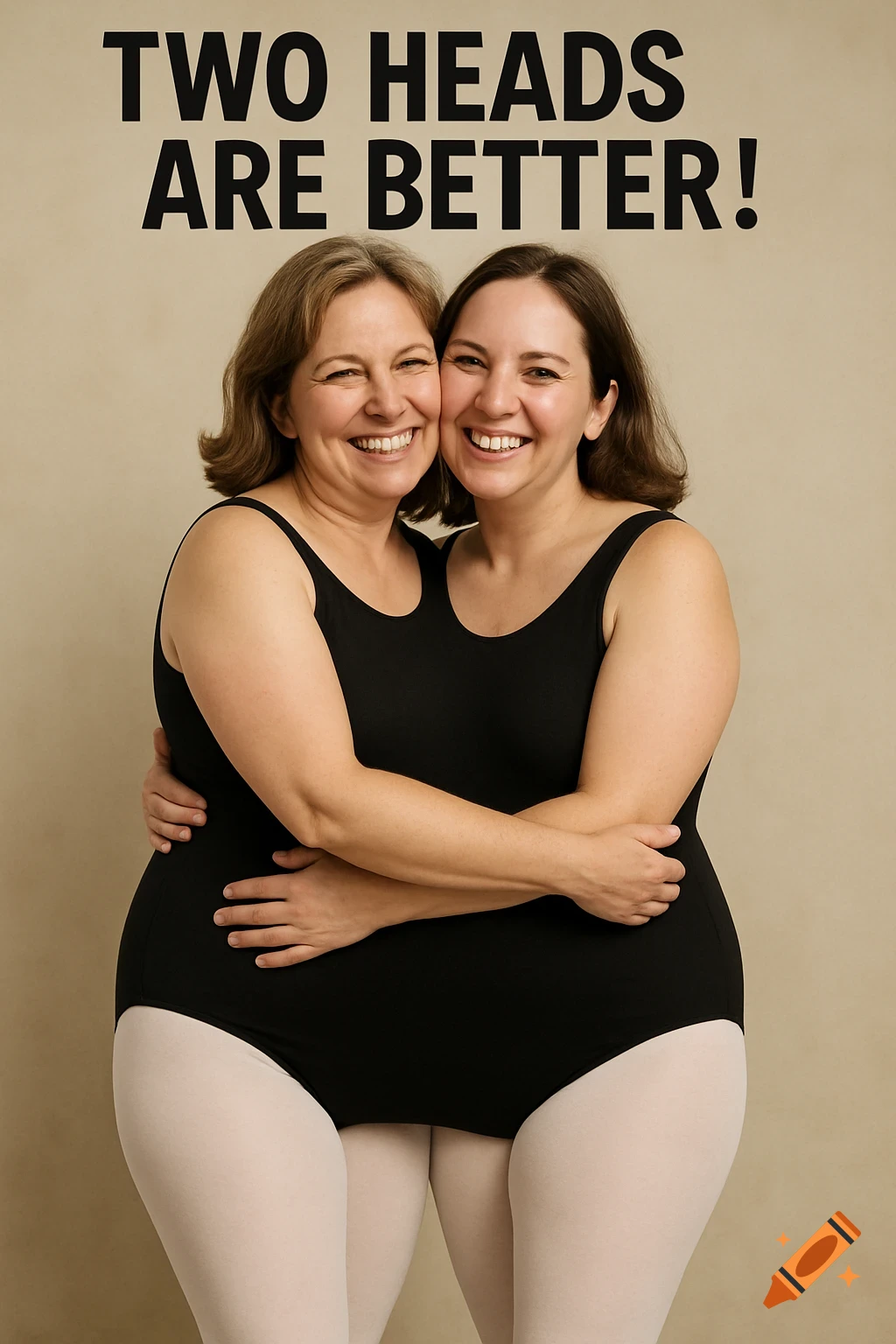 Two women hug tightly in a single leotard, creating a two-headed illusion. Text reads 'TWO HEADS ARE BETTER!'