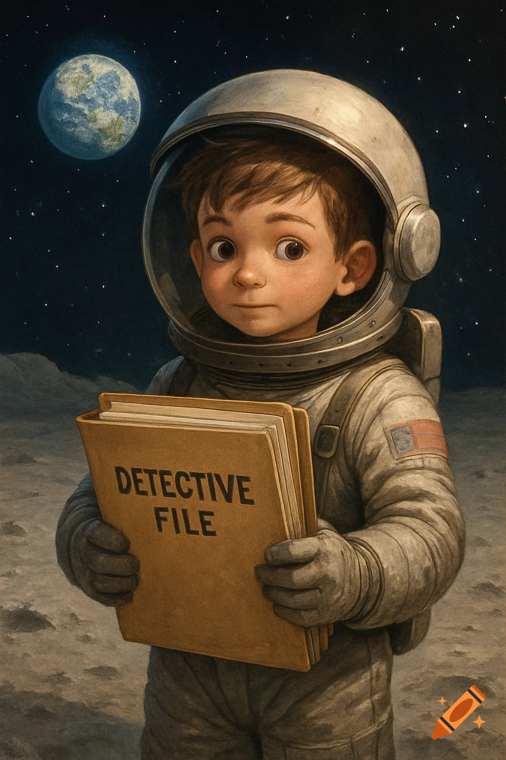 A young boy in a space suit stands on the moon holding a file labeled 'DETECTIVE FILE'. The Earth is visible in the background.