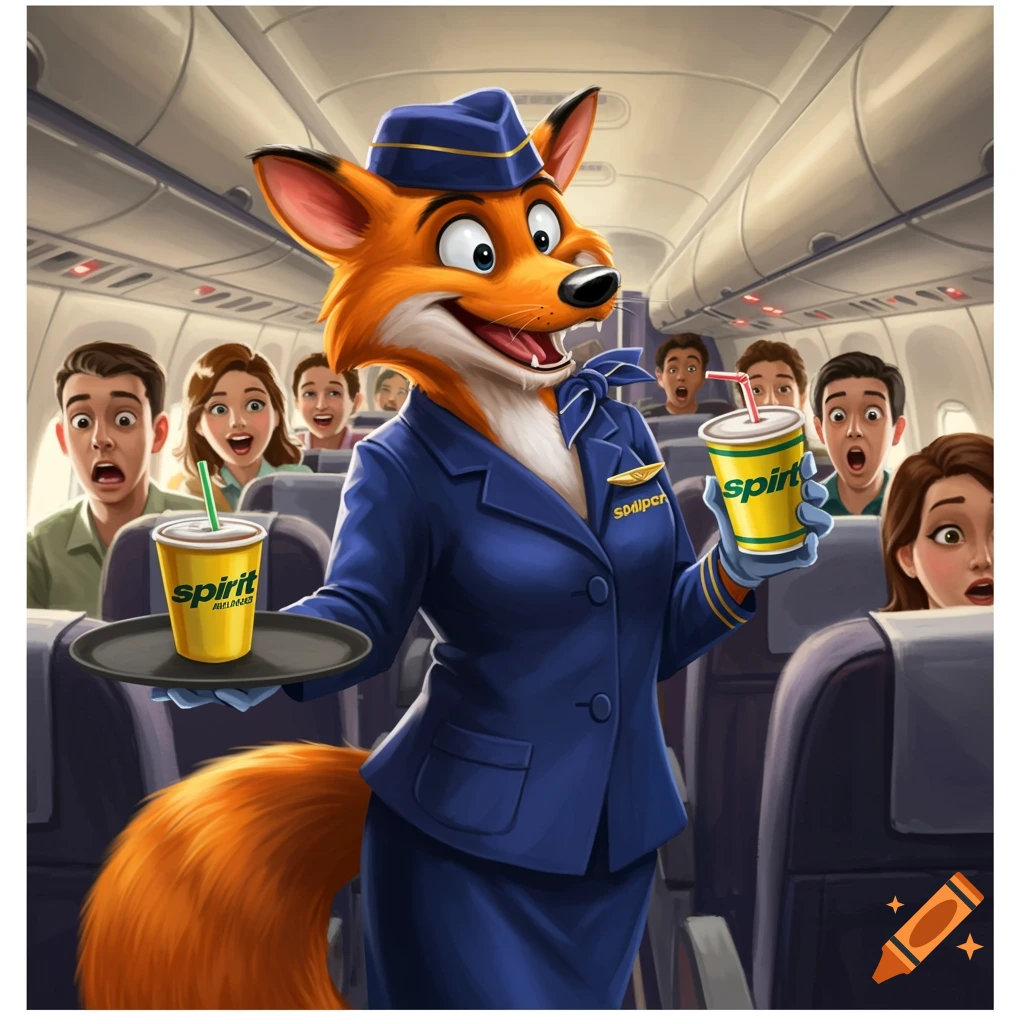 A cartoon fox flight attendant serves drinks in an airplane cabin.