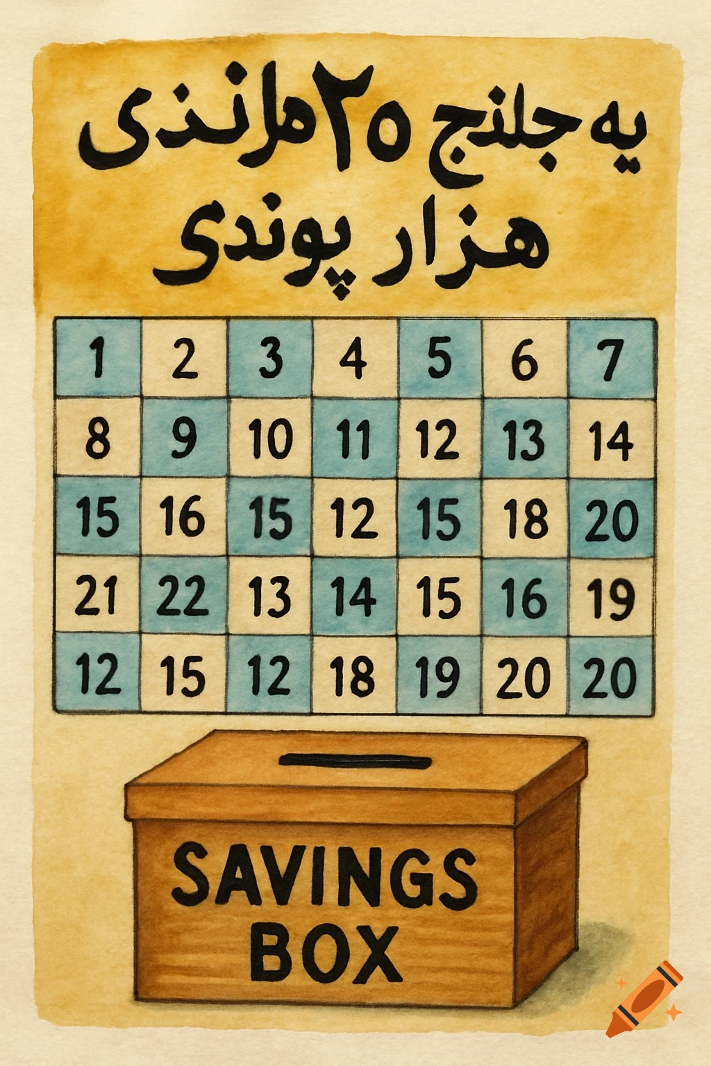 Watercolor illustration of a savings challenge chart with numbers and text above, and a wooden savings box below with 'SAVINGS BOX' written on it.