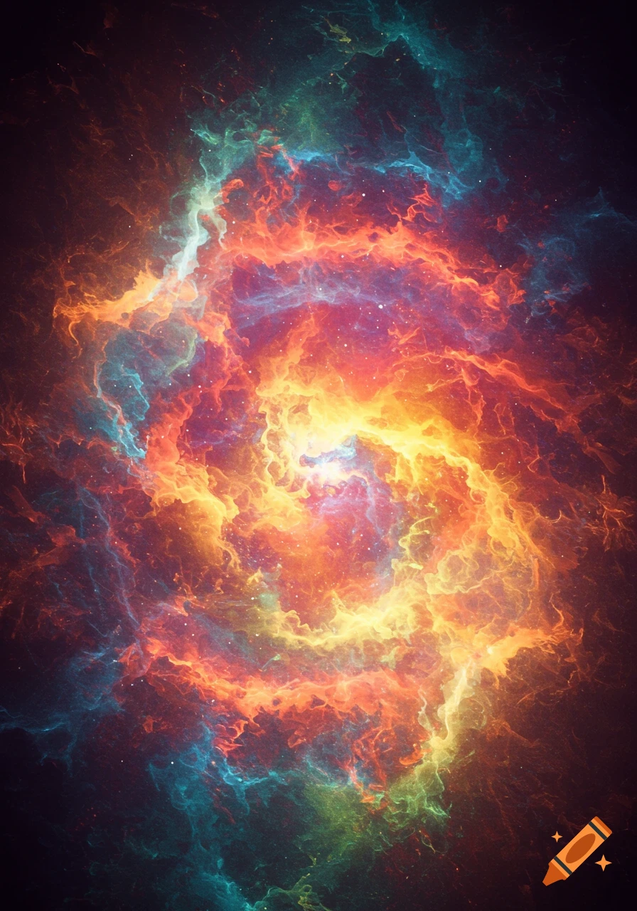 A vibrant swirling cosmic cloud of orange, yellow, red, and blue colors.
