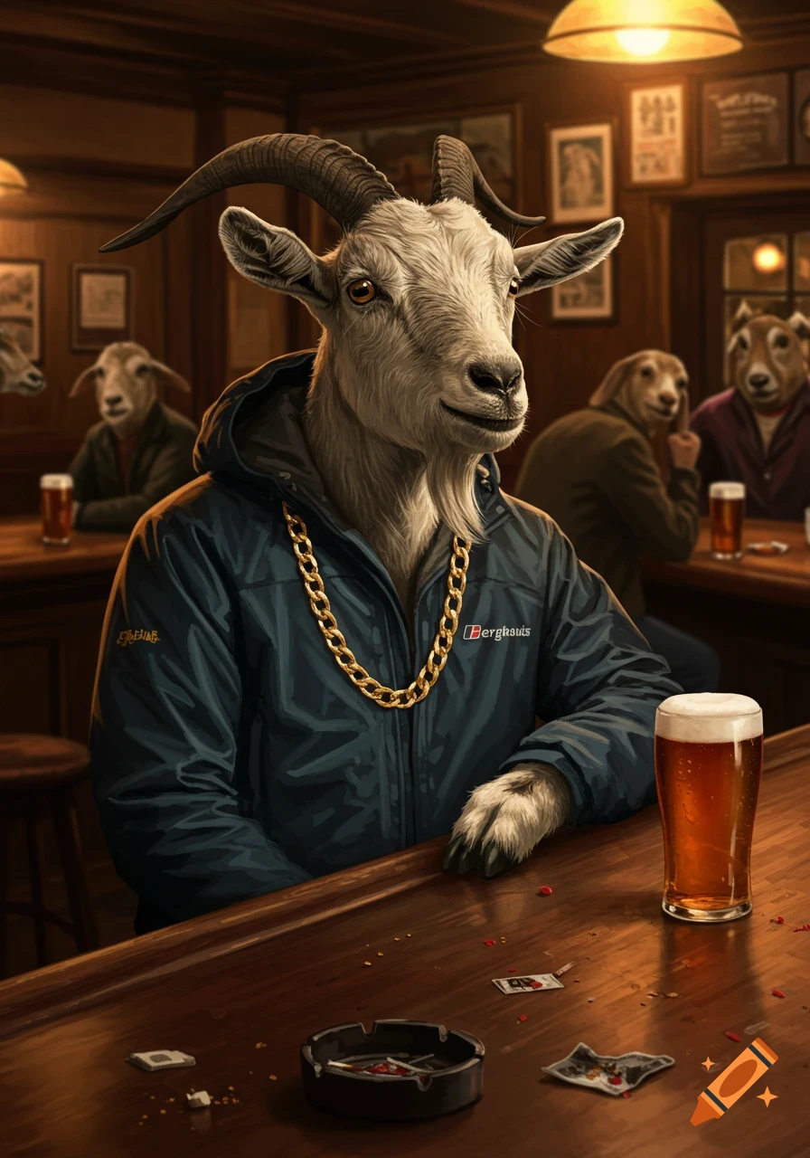 Anthropomorphic goat wearing a coat and gold chain sits at a bar with a beer in a pub.