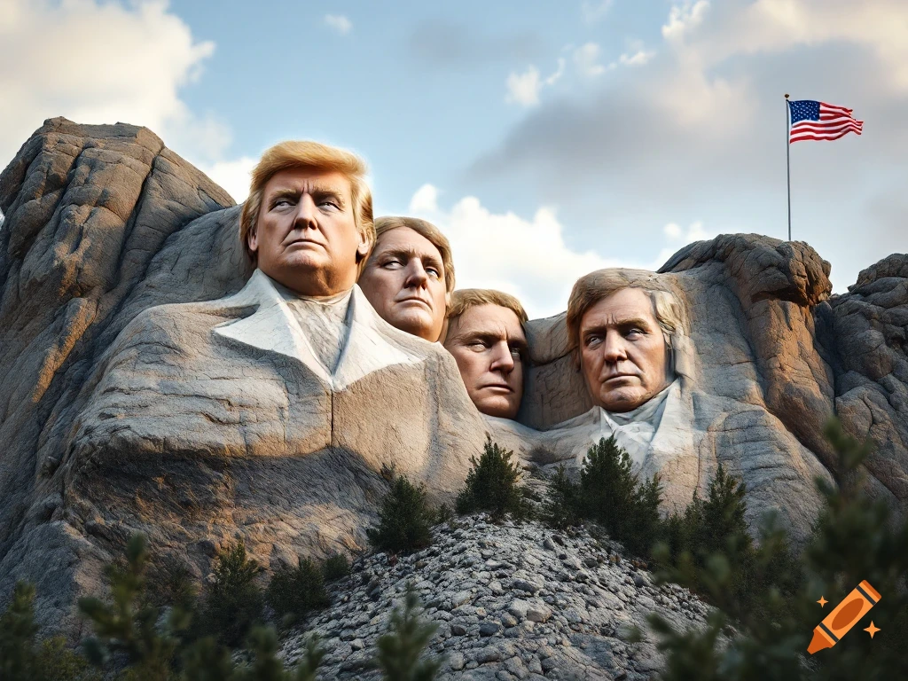 A hyper-realistic image of Mount Rushmore with carvings of Donald Trump's face instead of the original presidents.