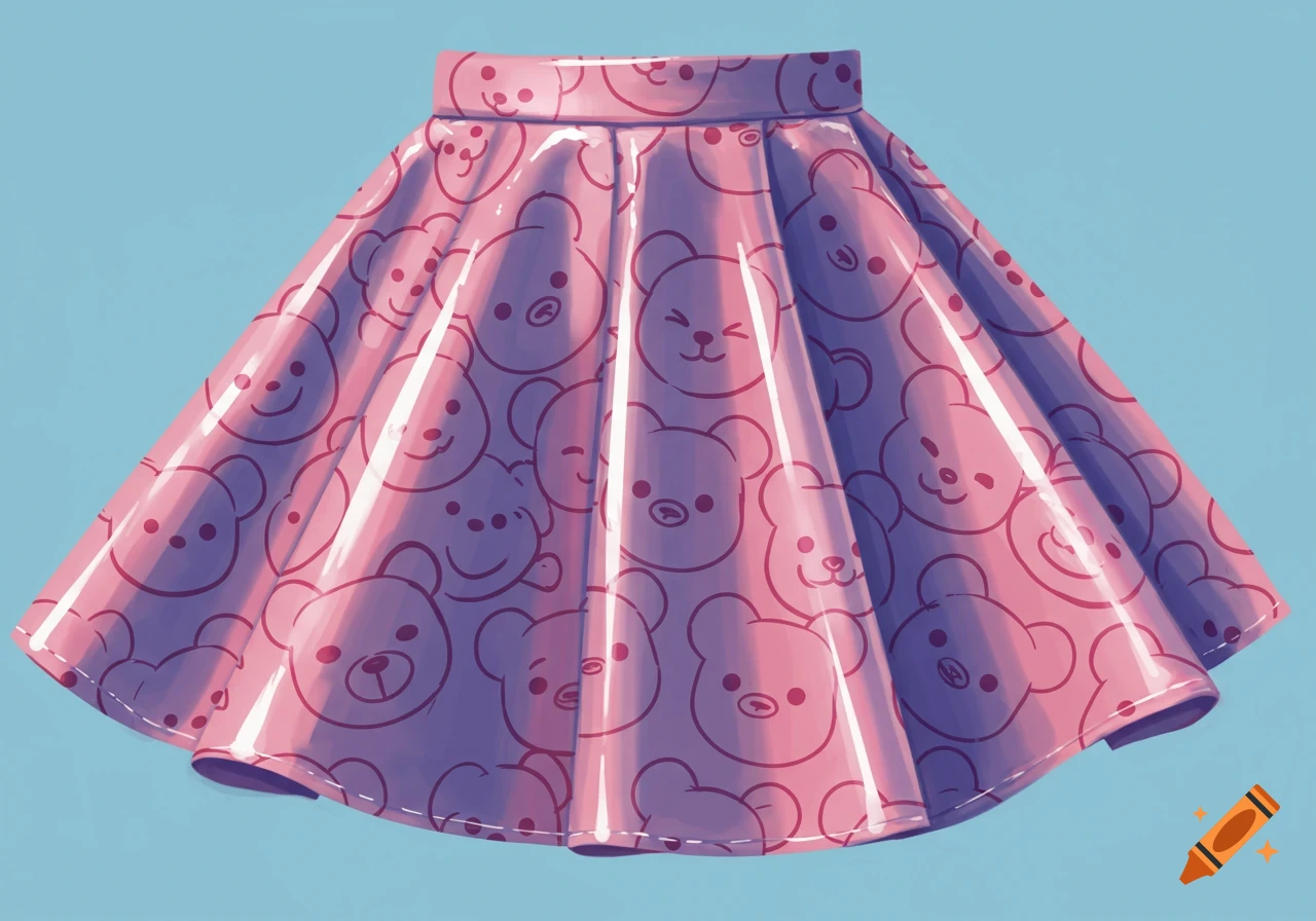 A pink pleated skirt with a cute cartoon bear face pattern.