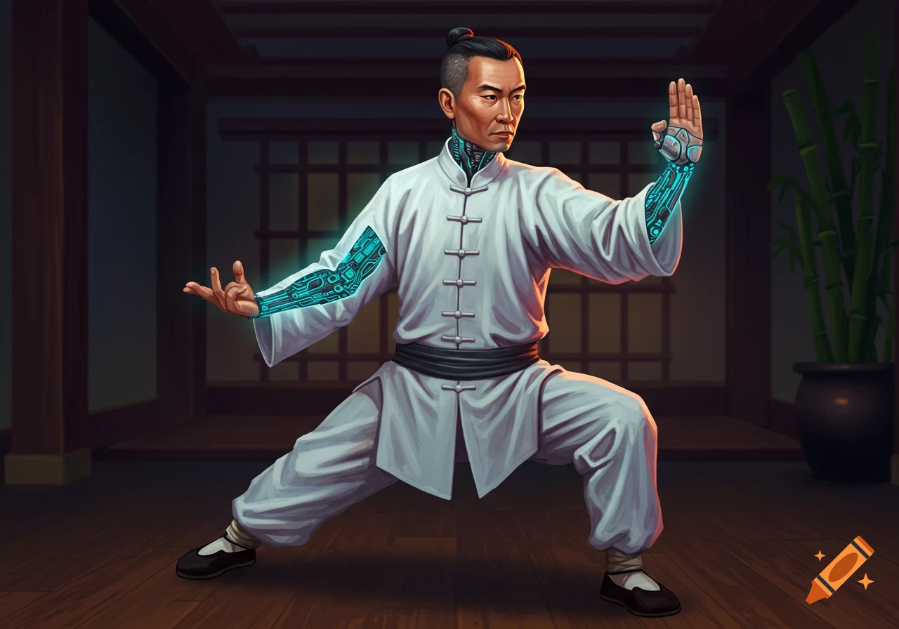 A cyborg martial artist in a white gi practices kung fu in a dojo.
