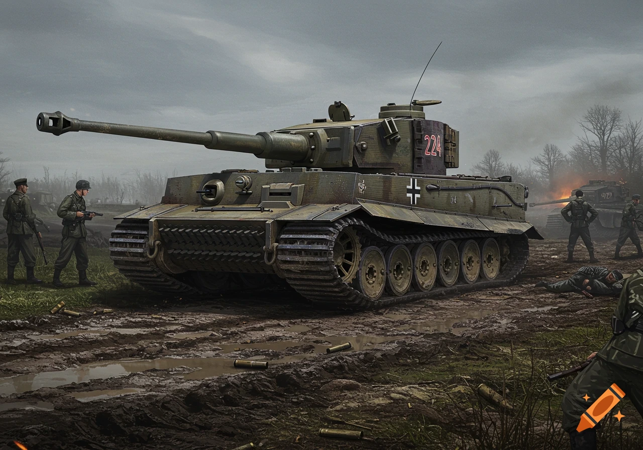 A detailed illustration of a German Tiger tank and soldiers on a muddy battlefield.