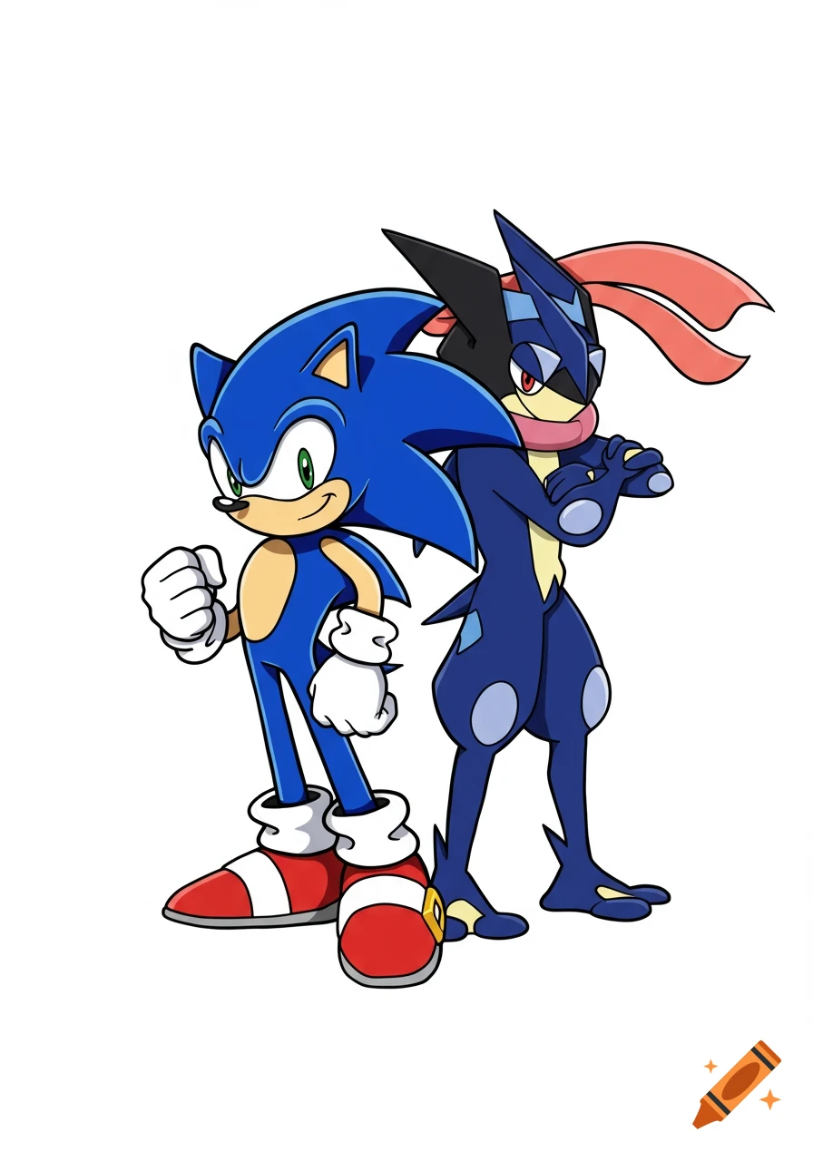 Cartoon of Sonic the Hedgehog and Greninja standing back to back.