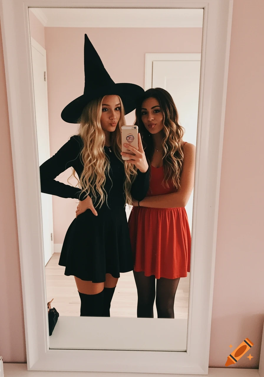 Two young women dressed as a witch and in a red dress take a mirror selfie.