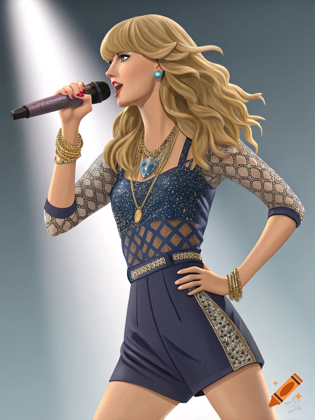 Stylized action figure of Taylor Swift singing into a microphone on stage.