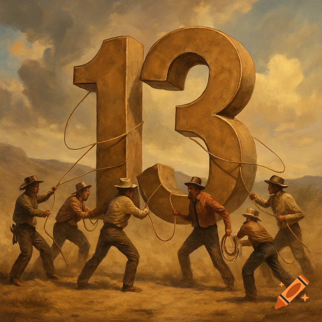 Cowboys wrangling a giant number 13 in a dusty landscape, painting style.