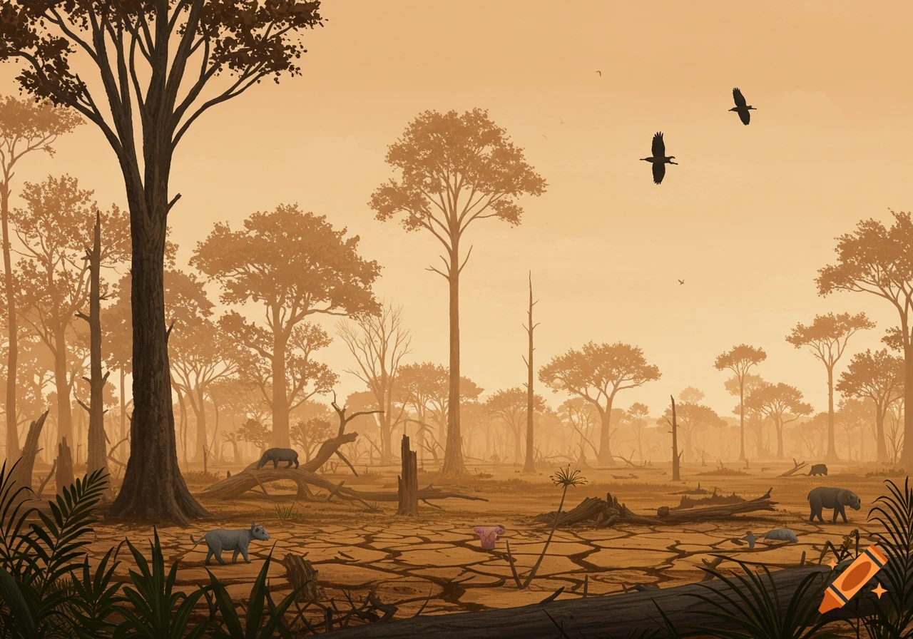 A parched, cracked landscape with ancient trees and animals under an orange sky.